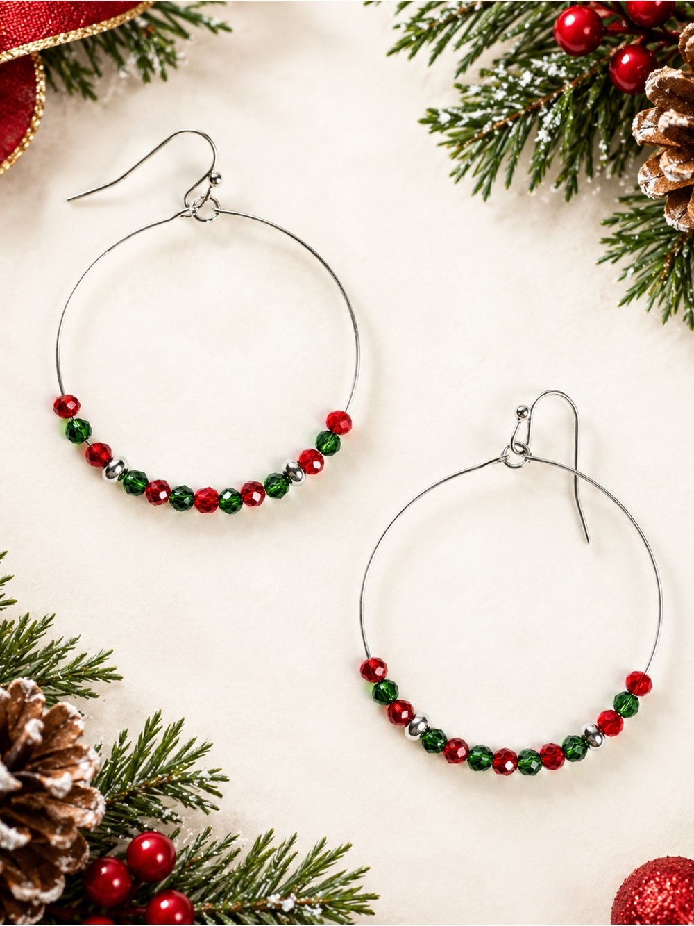 Maurice’s Christmas Gold Red And Green Beaded Hoop Earrings